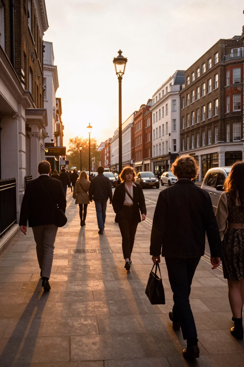 Busy London Street Scene in Honeyed Evening Light with Vintage 1980s Atmosphere in in London, United Kingdom