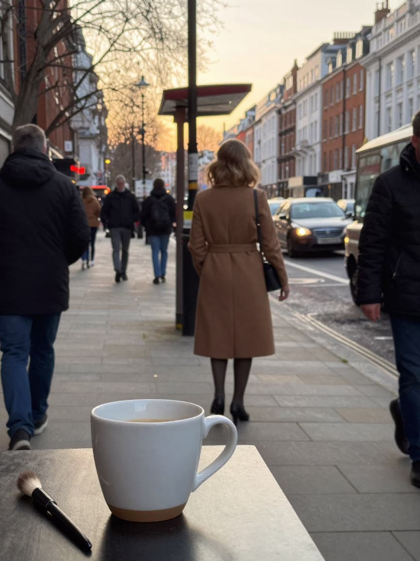 Busy London Street Scene Just After Sunrise with Ceramic Cup and Brushed Steel Bench in in London, United Kingdom
