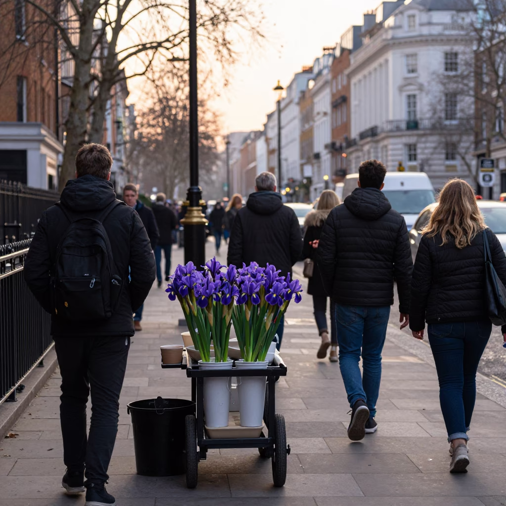 Busy London Street Scene Just After Sunrise with Iris Blossoms and Morning Commuters in in London, United Kingdom