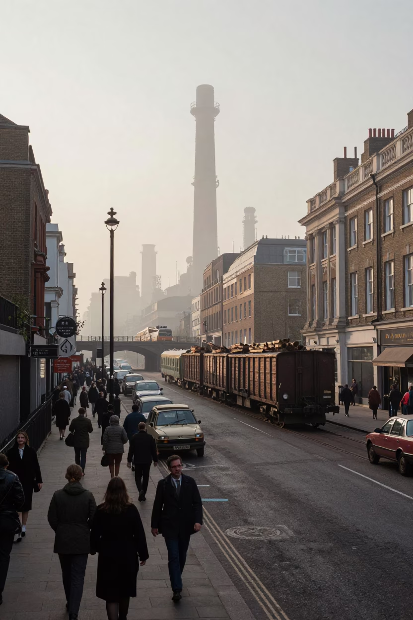 Busy London Street Scene Just After Sunrise with Vintage 1950s Atmosphere in in London, United Kingdom