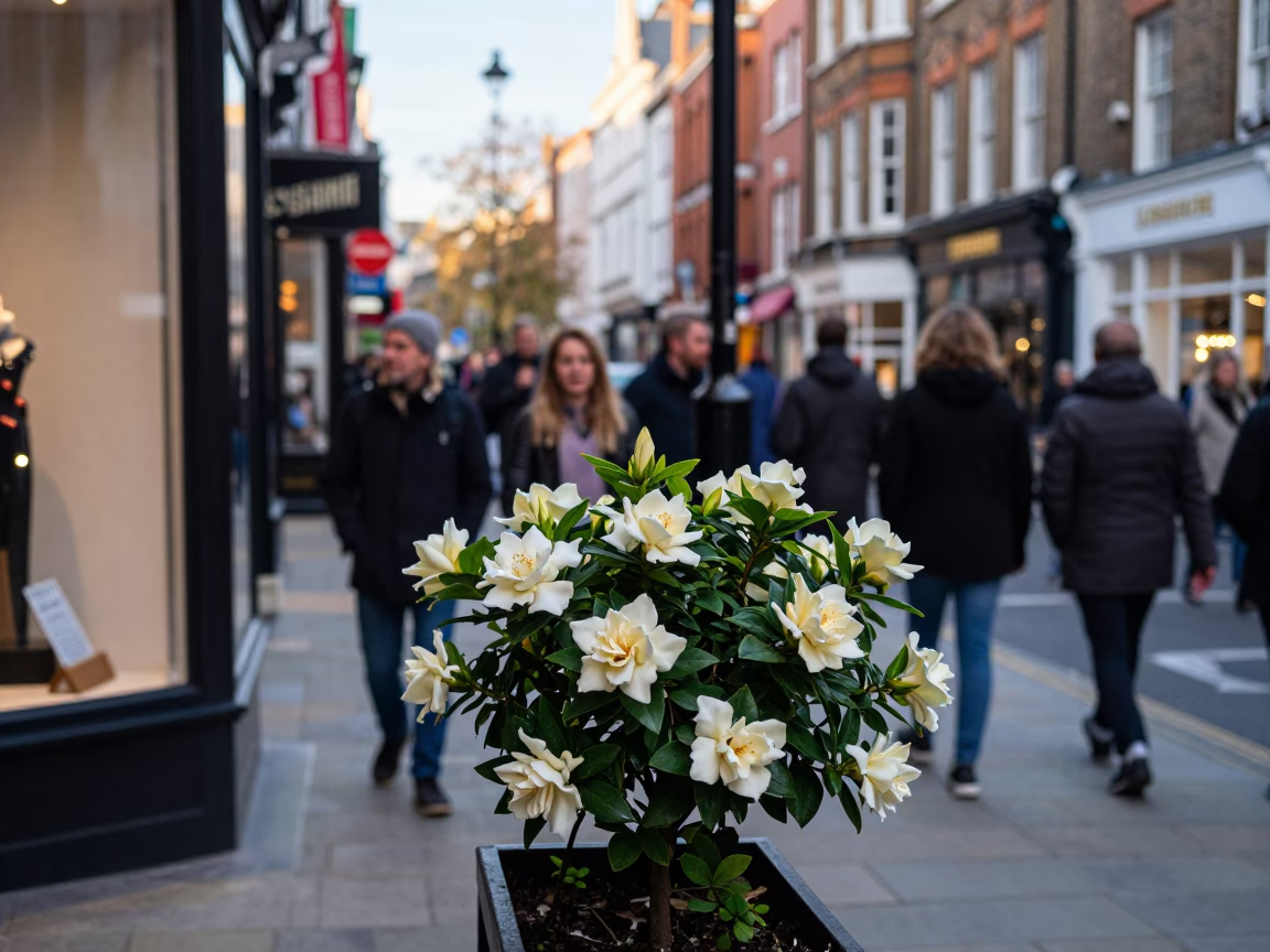 Busy London Street Scene Late Afternoon with Shop Displays and Pedestrians in in London, United Kingdom