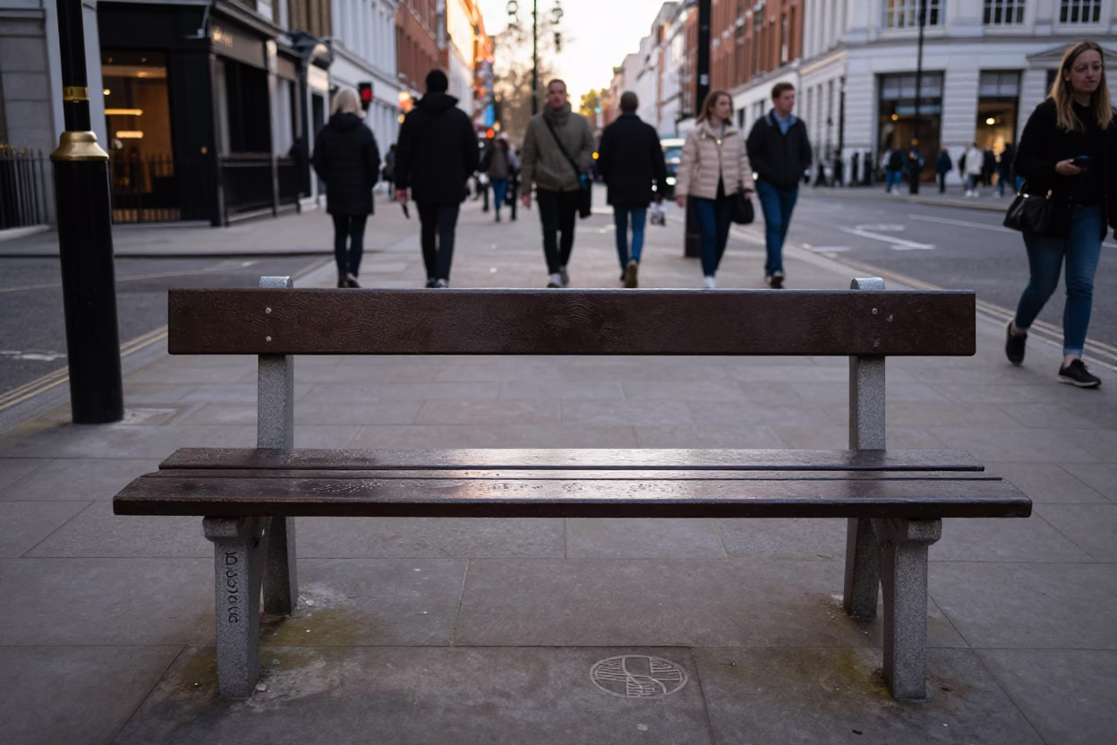 Busy London Street Scene Late Afternoon with Smudged Bench and Vintage Details in in London, United Kingdom