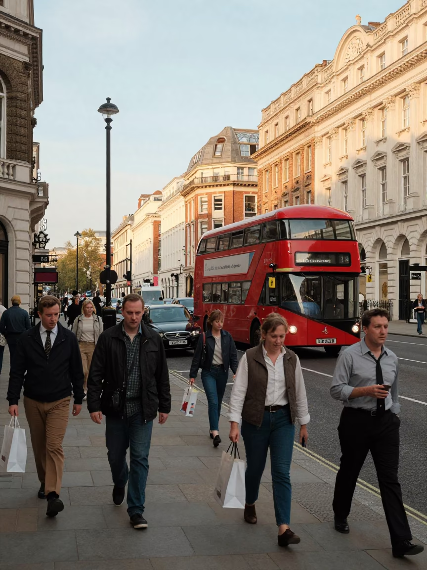 Busy London Street Scene Late Afternoon with Vintage Car and Pedestrians in in London, United Kingdom