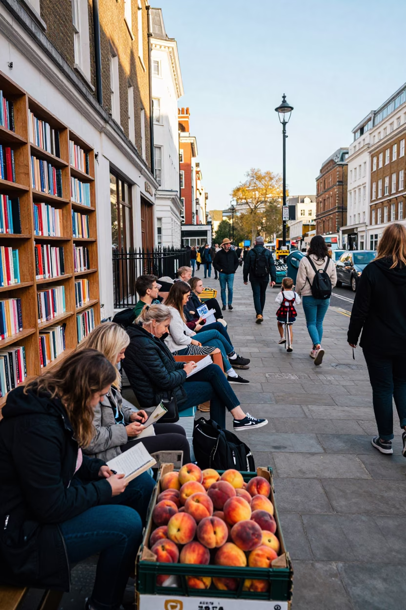 Busy London Street Scene Late Morning with University Bookshelf and Peaches in in London, United Kingdom