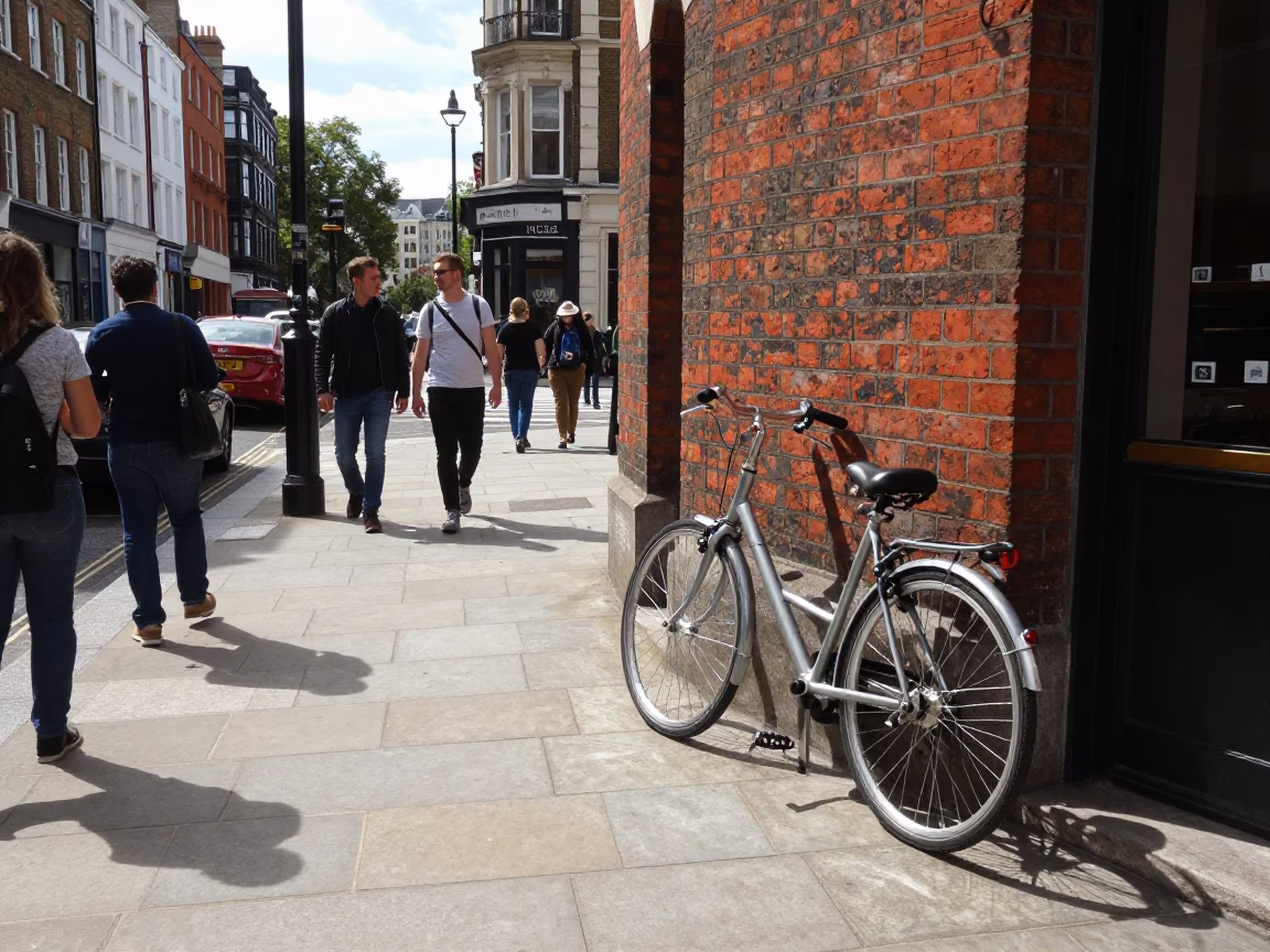 Busy London Street Scene Midday with Bicycle and Sunlight in in London, United Kingdom