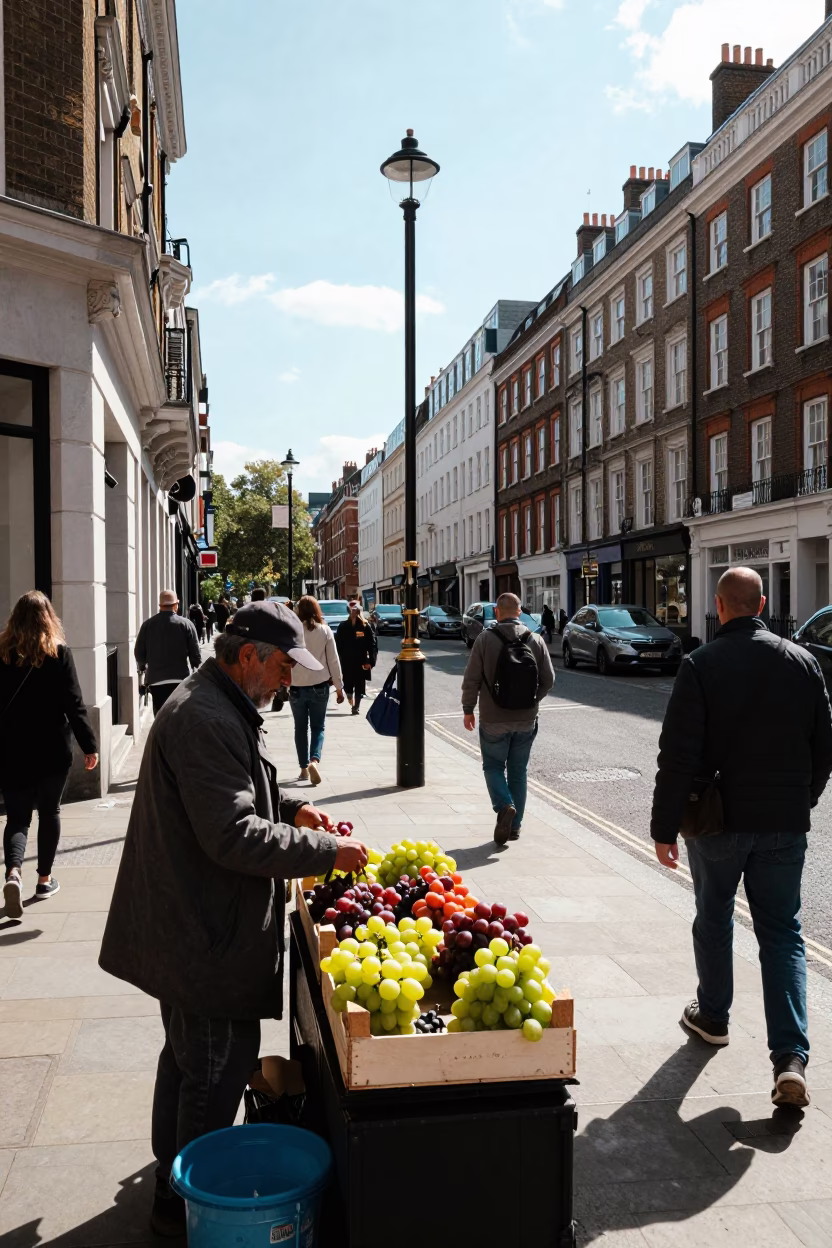 Busy London Street Scene Under Flat Noon Glare with Construction and Local Market Activity in in London, United Kingdom