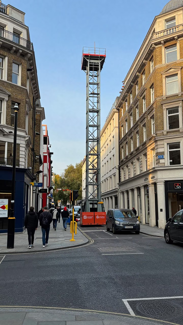 Busy London Street Scene with Construction Elevator Gate and Rebar Bundles in Early Afternoon in in London, United Kingdom