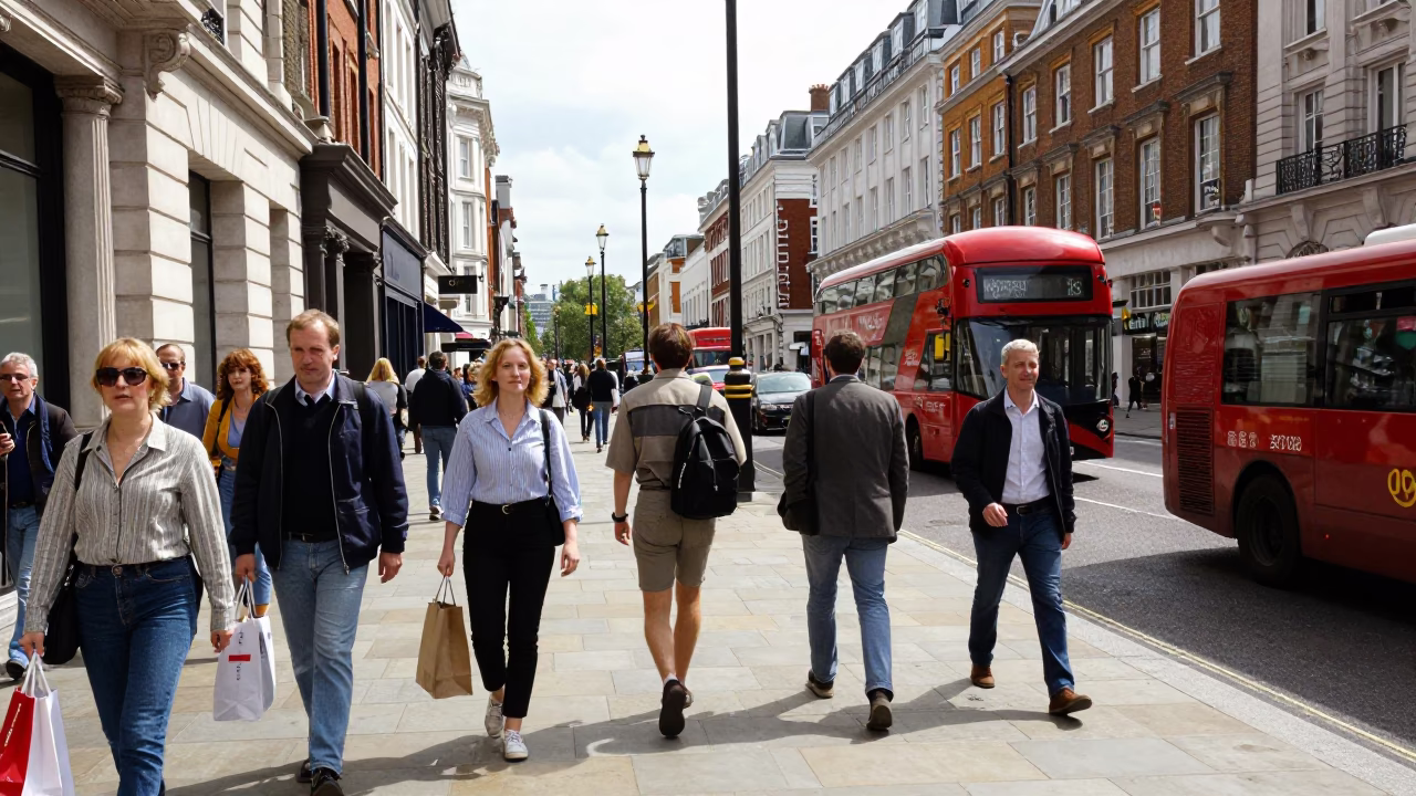 Busy London Street Scene with Red Bus and Pedestrians at Midday in in London, United Kingdom