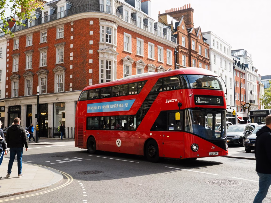 Busy London Street Scene with Red Double Decker Bus at Midday in in London, United Kingdom