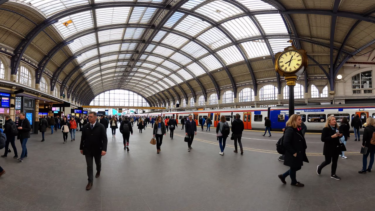 Busy London Street Scene with Train Station Clock and Urban Life in in London, United Kingdom