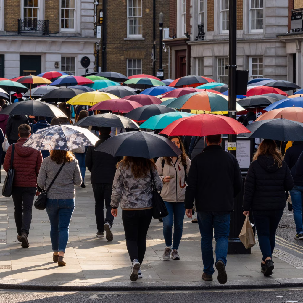 Busy London Street Scene with Umbrellas in First Light in in London, United Kingdom