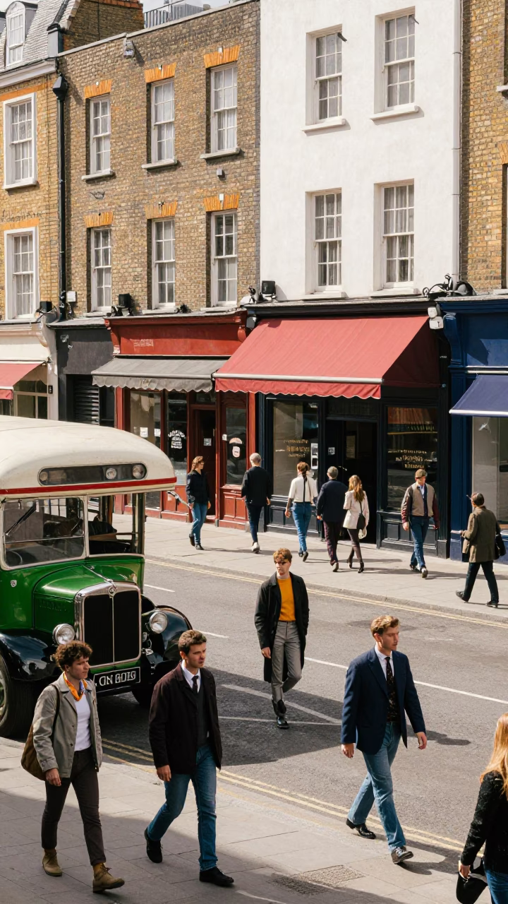 Busy London Street Scene with Vintage Bus and Shopkeeper in Bright Midmorning Light in in London, United Kingdom