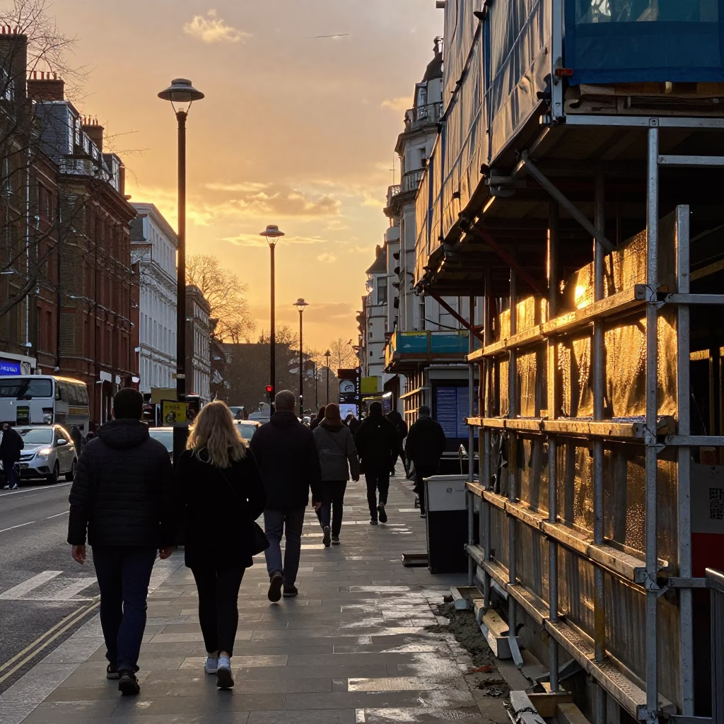 Busy London Street Sunset Scene with Construction Scaffold and Urban Details in in London, United Kingdom