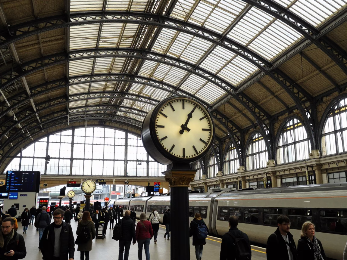 Busy London Train Station Clock Under Vaulted Iron Roof Early Afternoon in in London, United Kingdom