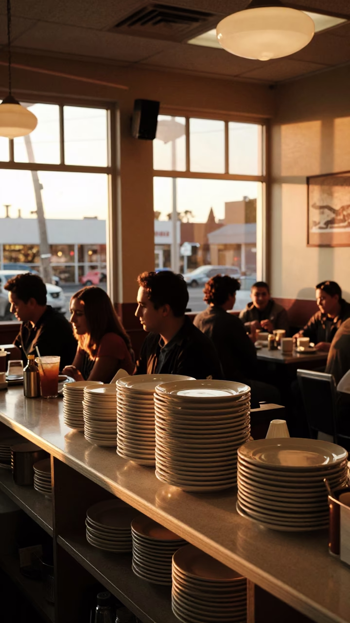 Busy Los Angeles Cafe Interior with Honeyed Evening Light and Stacked Plates in in Los Angeles, California, United States