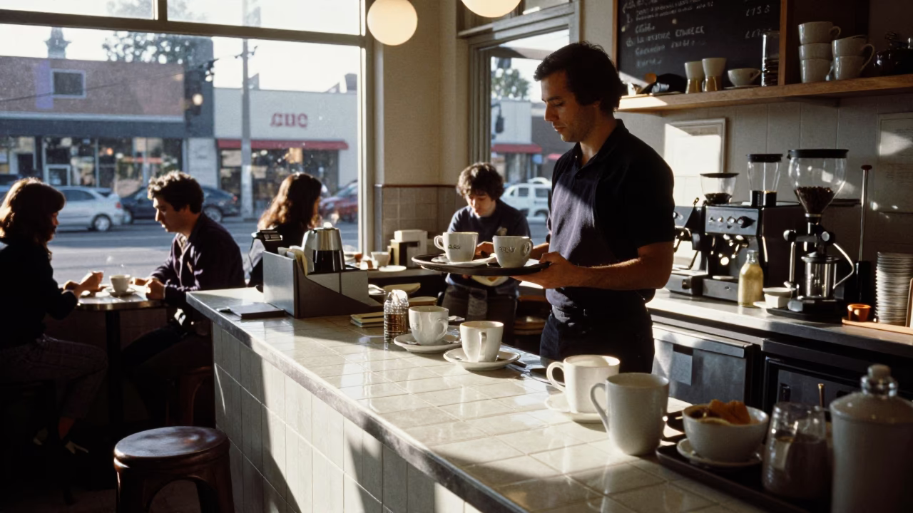 Busy Los Angeles Cafe Late Morning with Coffee Mugs and Apricots in in Los Angeles, California, United States