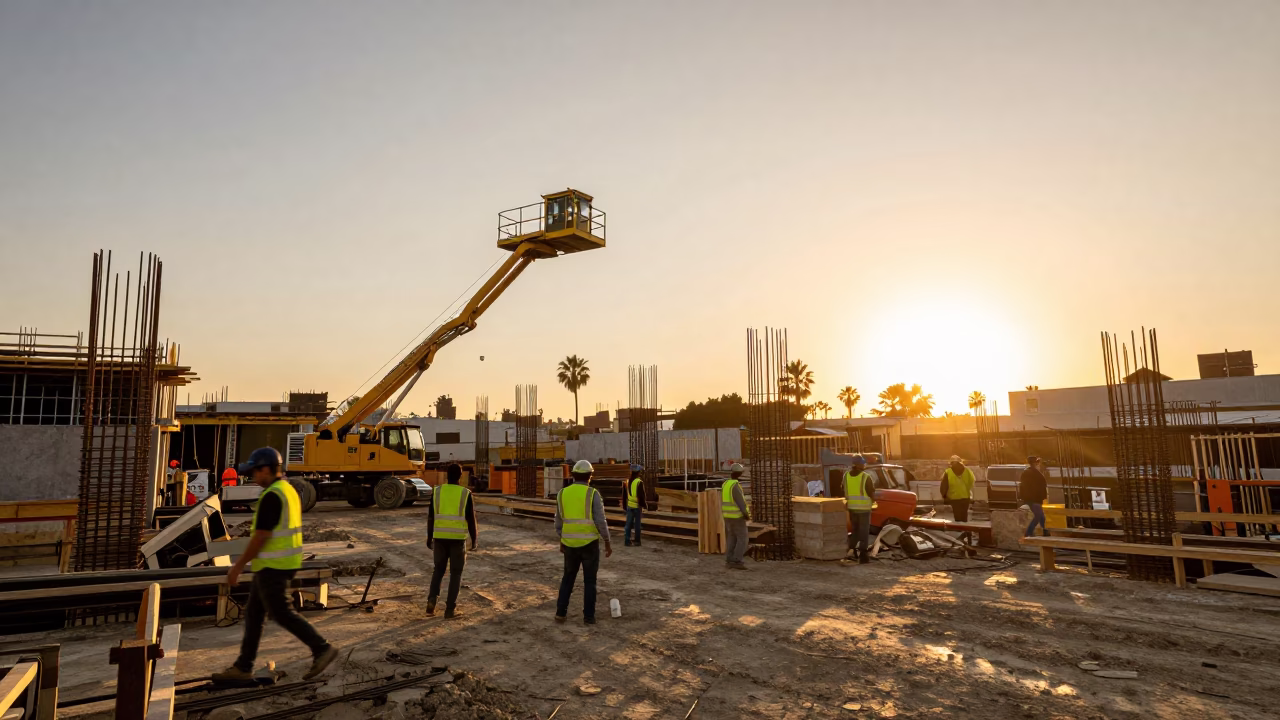 Busy Los Angeles Construction Site at Sunset with Rebar and Steel Details in in Los Angeles, California, United States