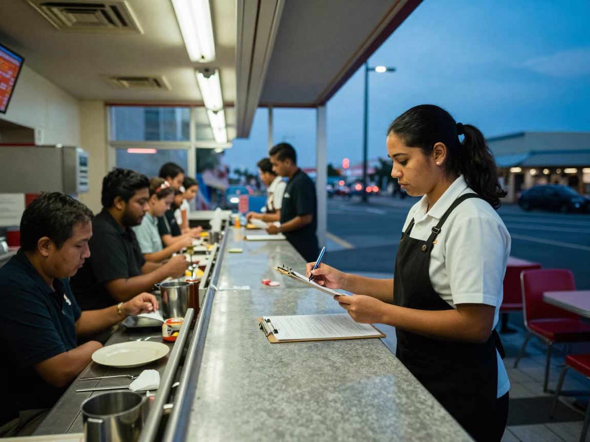 Busy Los Angeles Diner Counter Scene at Blue Hour with Clipboard and Steel Handles in in Los Angeles, California, United States