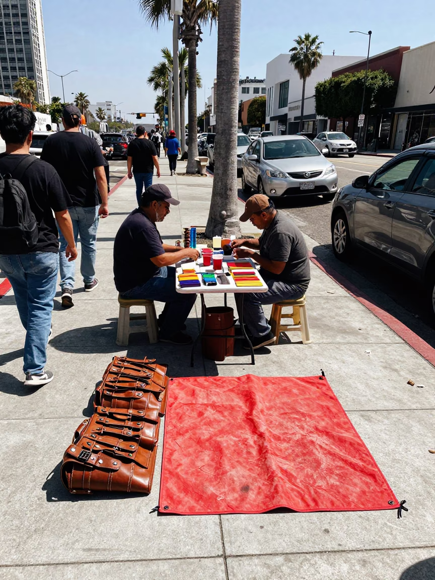 Busy Los Angeles Midday Street Scene with Tool Rolls and Picnic Blanket in in Los Angeles, California, United States