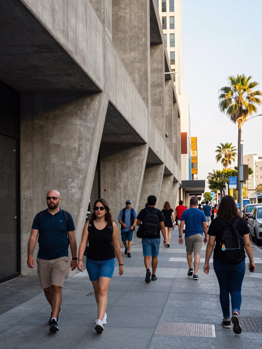 Busy Los Angeles Sidewalk Scene with Concrete Brutalist Architecture and Local Pedestrians in in Los Angeles, California, United States