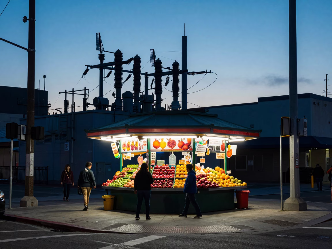 Busy Los Angeles Street Corner Evening Substation Glow with Pomegranate and Urban Life in in Los Angeles, California, United States