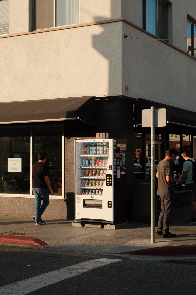 Busy Los Angeles Street Corner Late Morning with Vending Machines and Pedestrians in in Los Angeles, California, United States