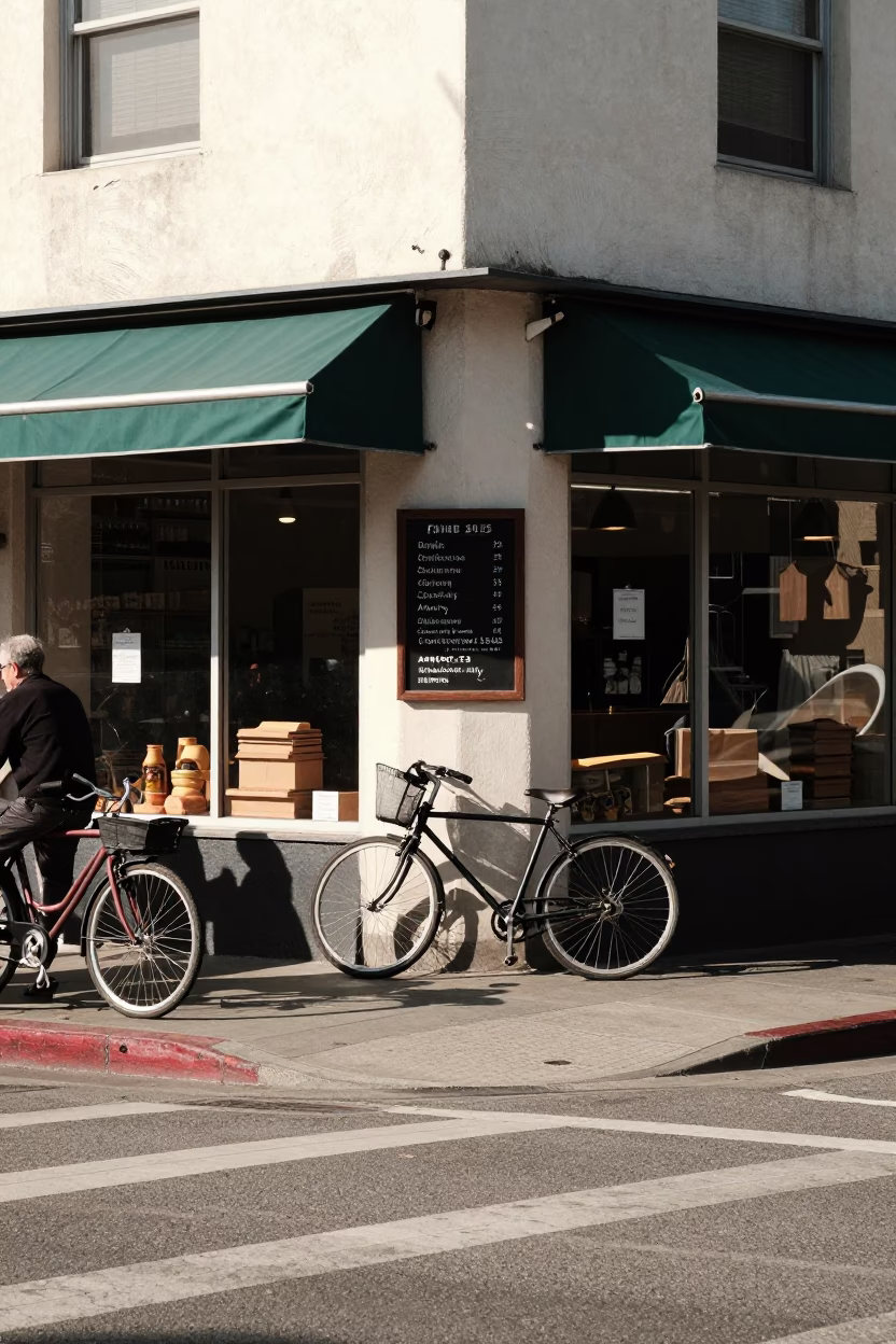 Busy Los Angeles Street Corner with Bicycle and Bakery in Early Afternoon in in Los Angeles, California, United States