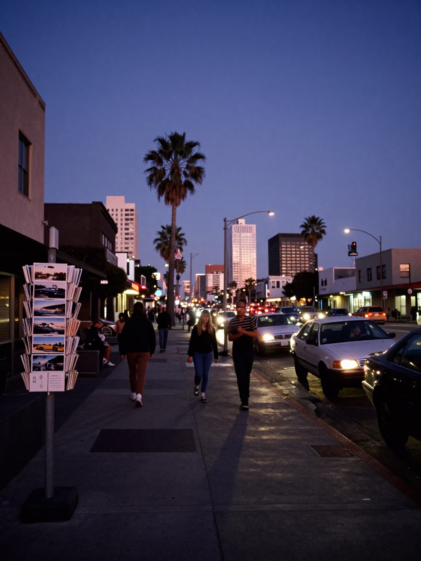 Busy Los Angeles Street Scene at Nautical Dawn with Postcards and Vine in in Los Angeles, California, United States