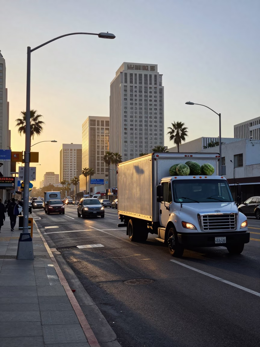 Busy Los Angeles Street Scene at Nautical Dawn with Truck and Pedestrians in in Los Angeles, California, United States