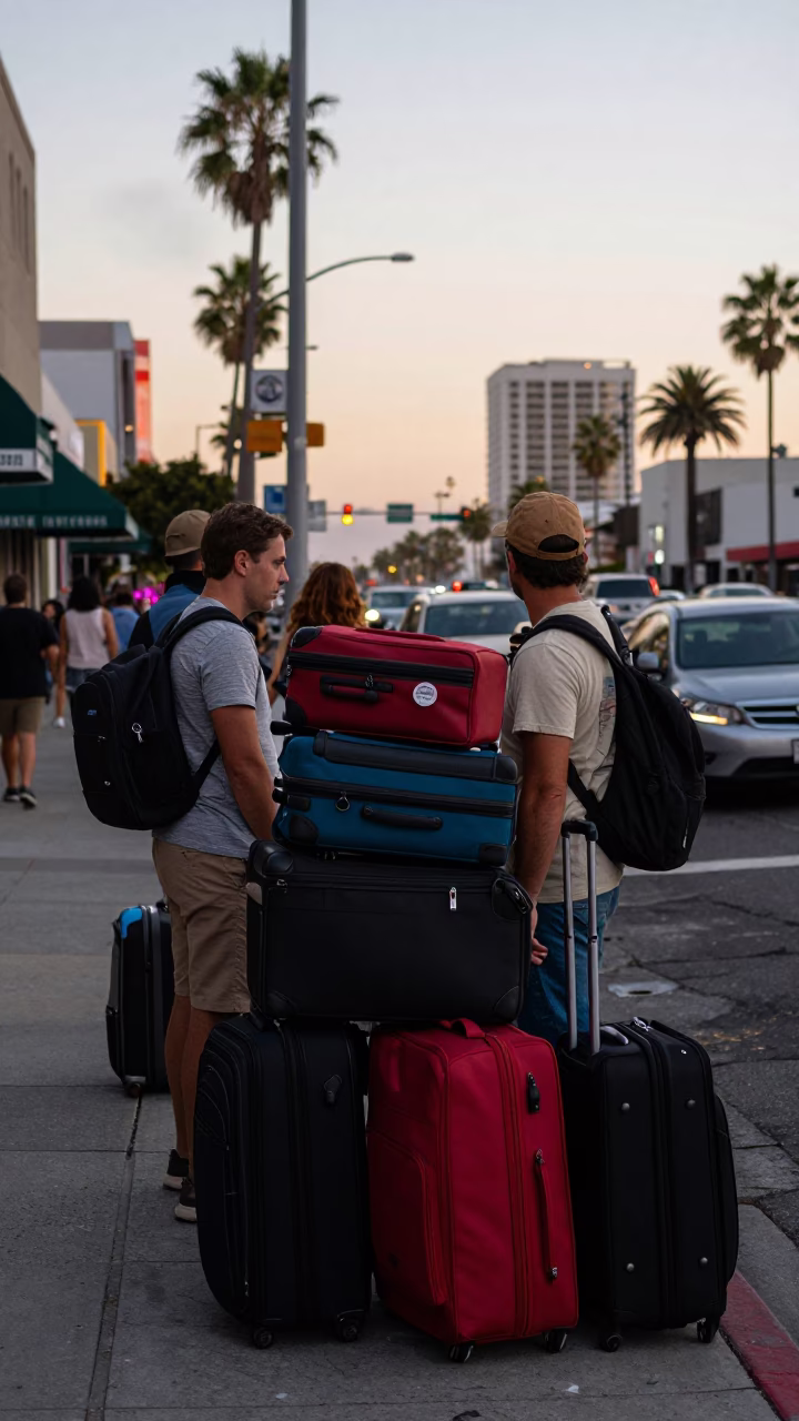 Busy Los Angeles Street Scene Early Evening with Suitcases and Rusty Frames in in Los Angeles, California, United States
