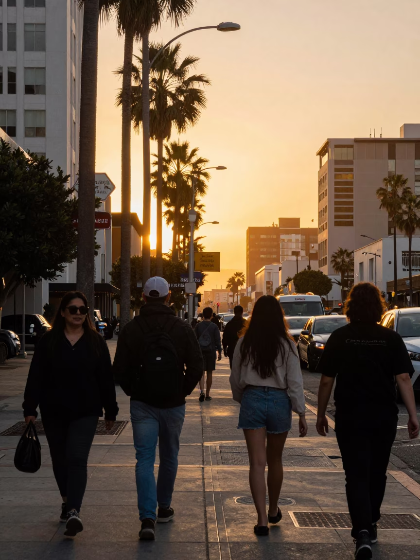 Busy Los Angeles Street Scene in Honeyed Evening Light with Art Deco Hotel Facade in in Los Angeles, California, United States