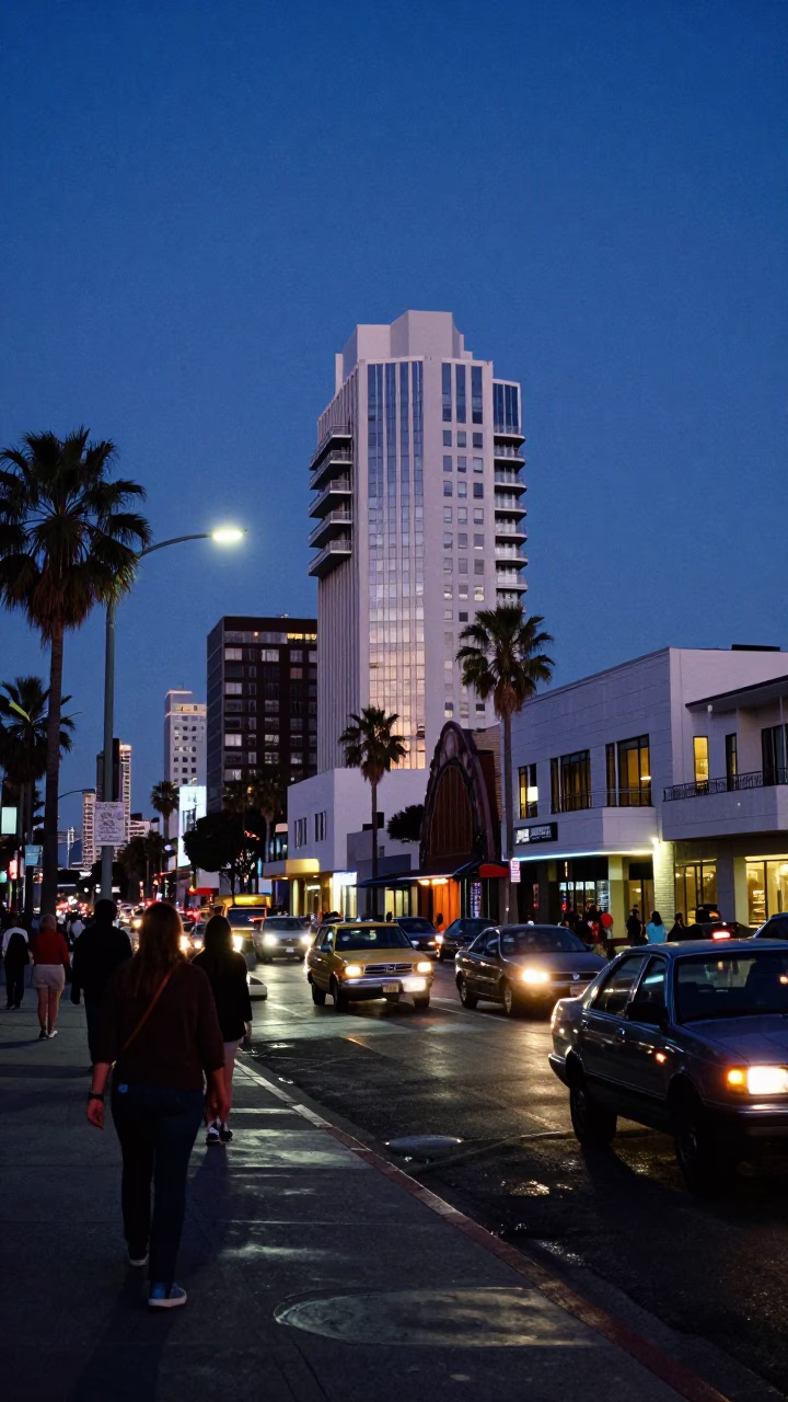 Busy Los Angeles Street Scene in Indigo Twilight with Vintage 1950s Atmosphere in in Los Angeles, California, United States