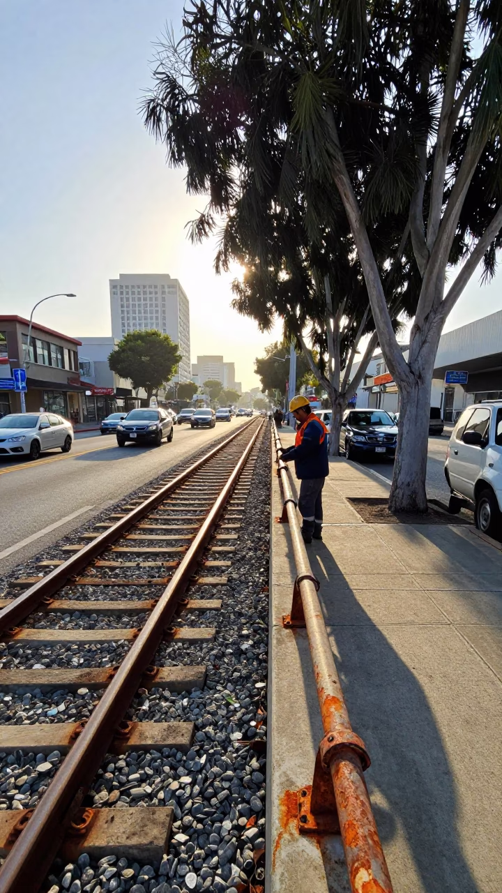 Busy Los Angeles Street Scene Just After Sunrise With Rusty Rail And Eucalyptus Regrowth in in Los Angeles, California, United States