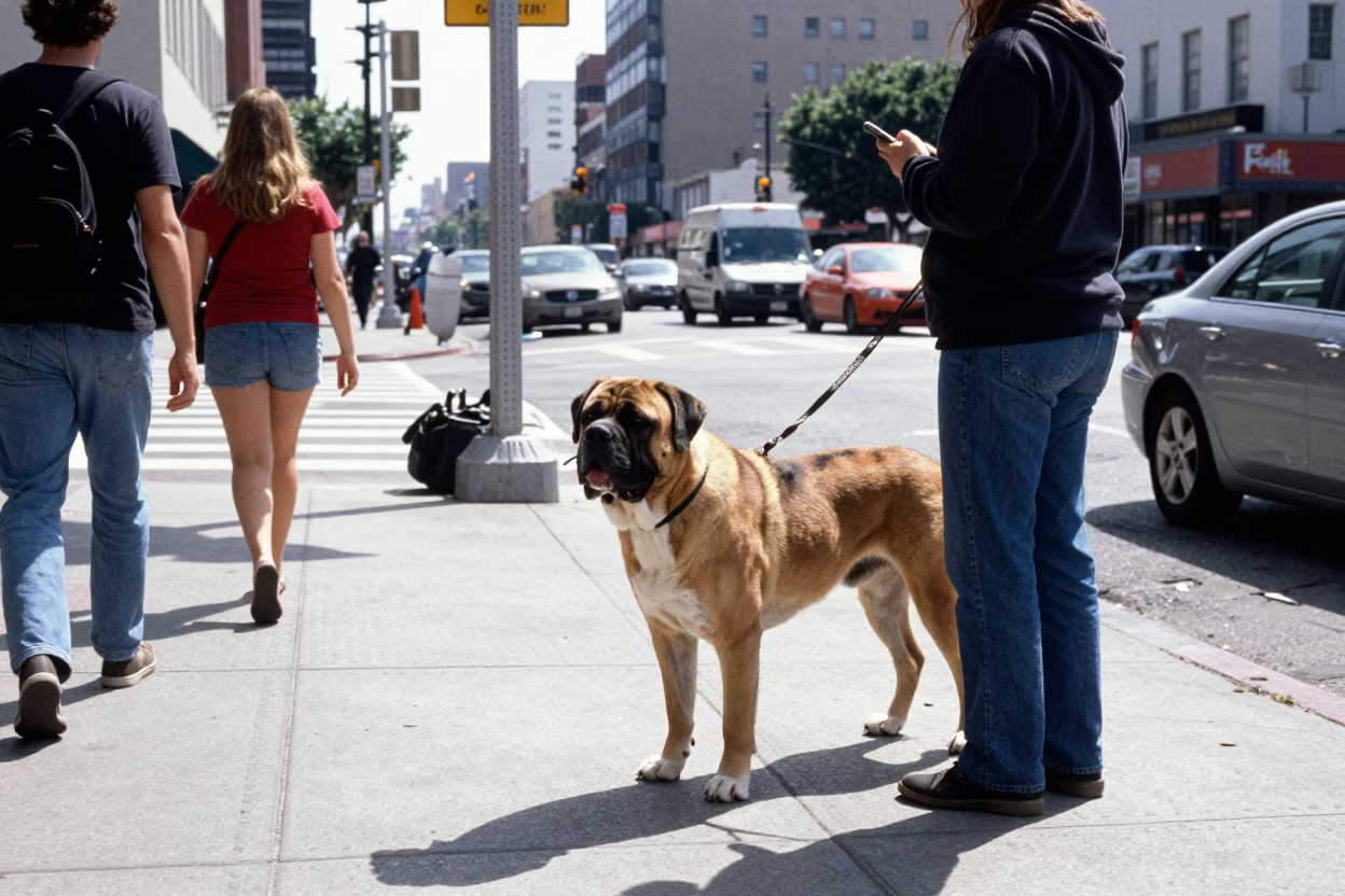 Busy Los Angeles Street Scene with Spanish Mastiff and Urban Details at Midday in in Los Angeles, California, United States