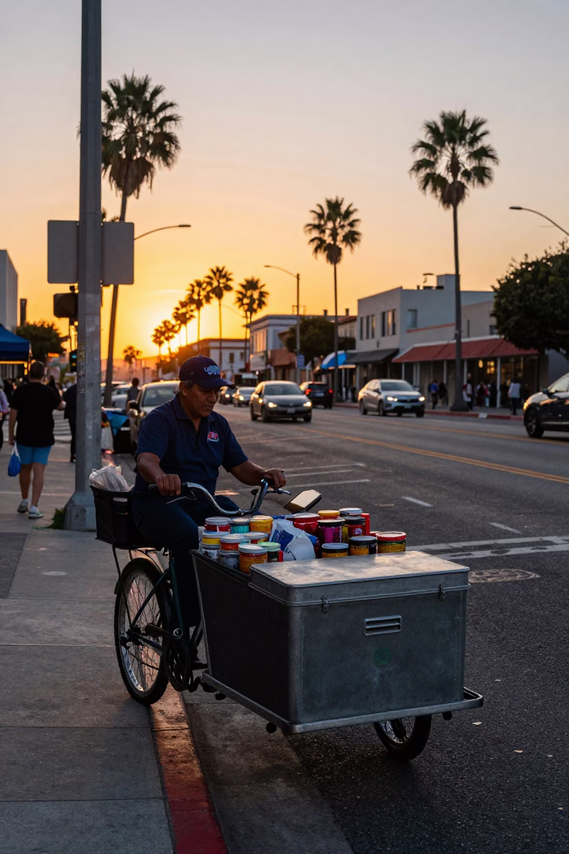 Busy Los Angeles Sunset Street Scene with Cargo Bicycle and Storage Tin in in Los Angeles, California, United States