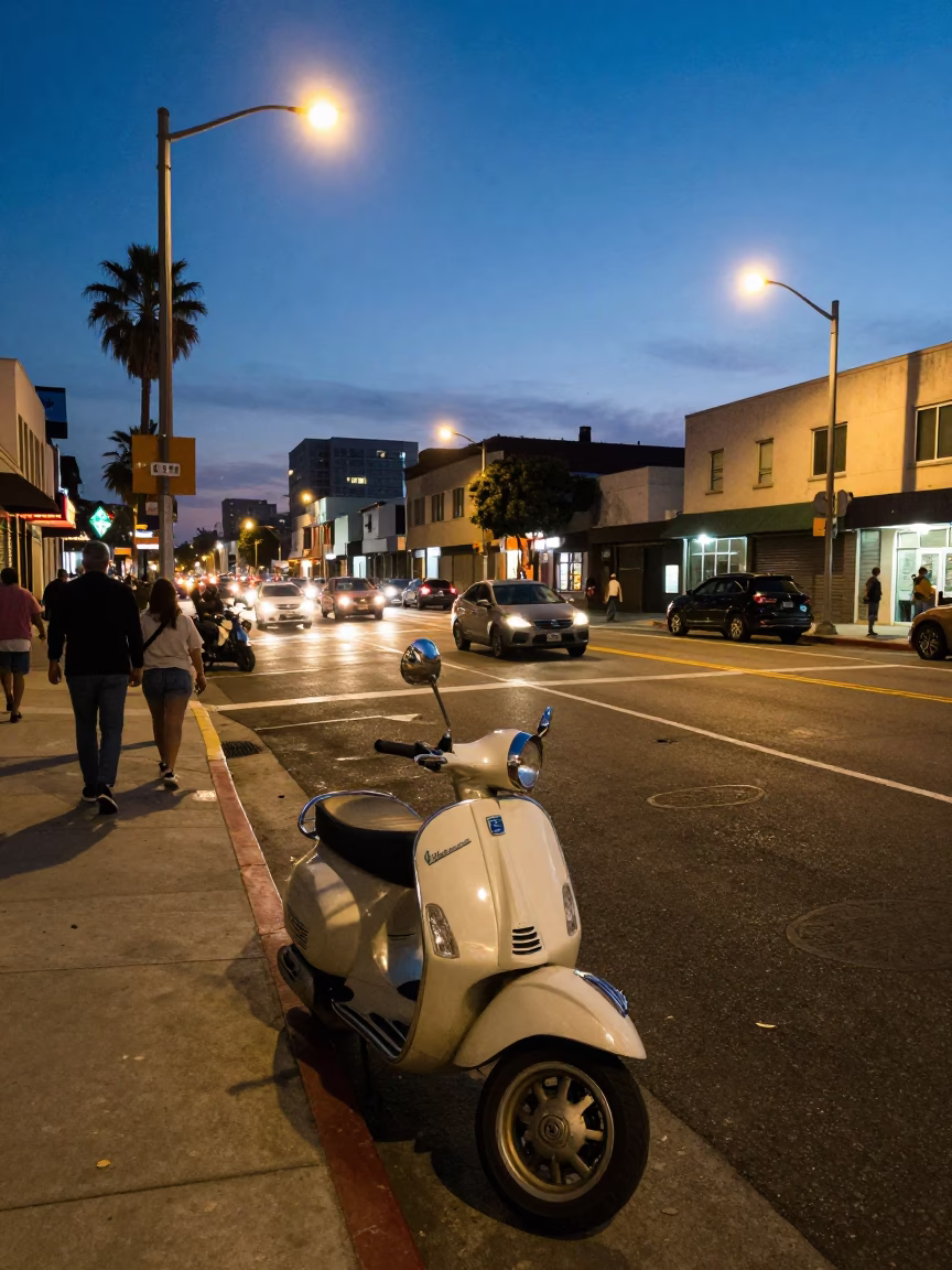 Busy Los Angeles Twilight Street Scene with Vintage Vespa and Fig Tree in in Los Angeles, California, United States