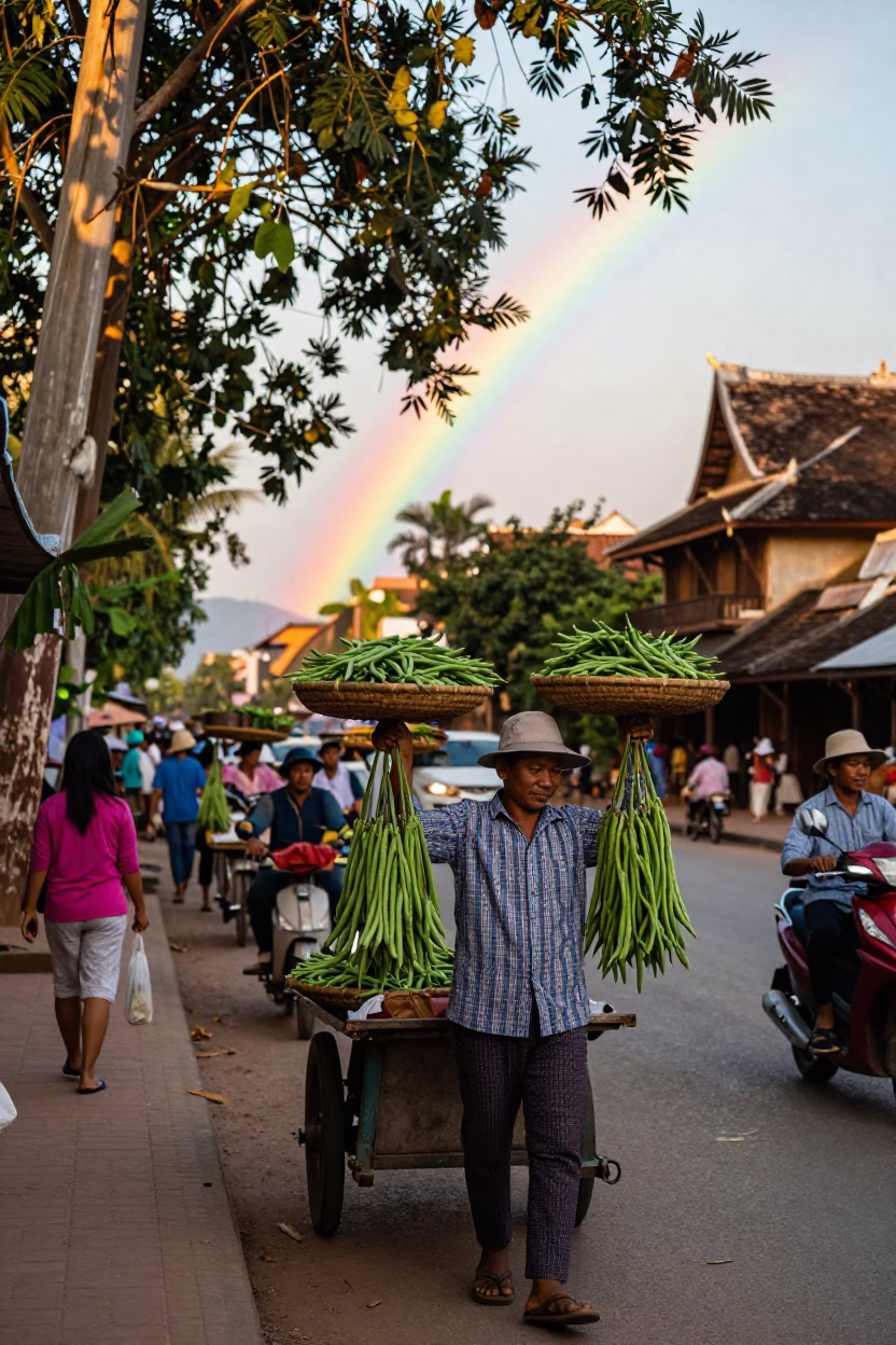 Busy Luang Prabang Late Afternoon Street Scene with Rainbow Eucalyptus and Traditional Life in in Luang Prabang, Laos