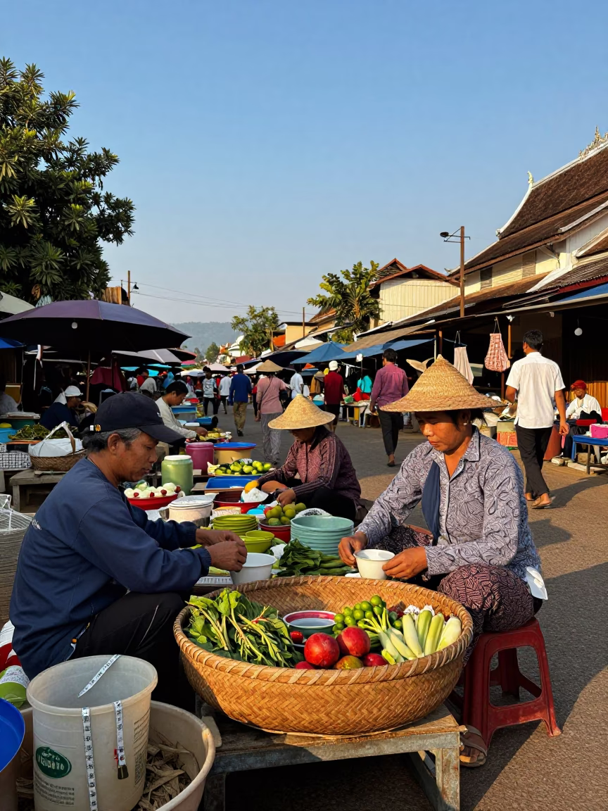 Busy Luang Prabang Market Stall with Basket and Measuring Tape in Late Afternoon Light in in Luang Prabang, Laos