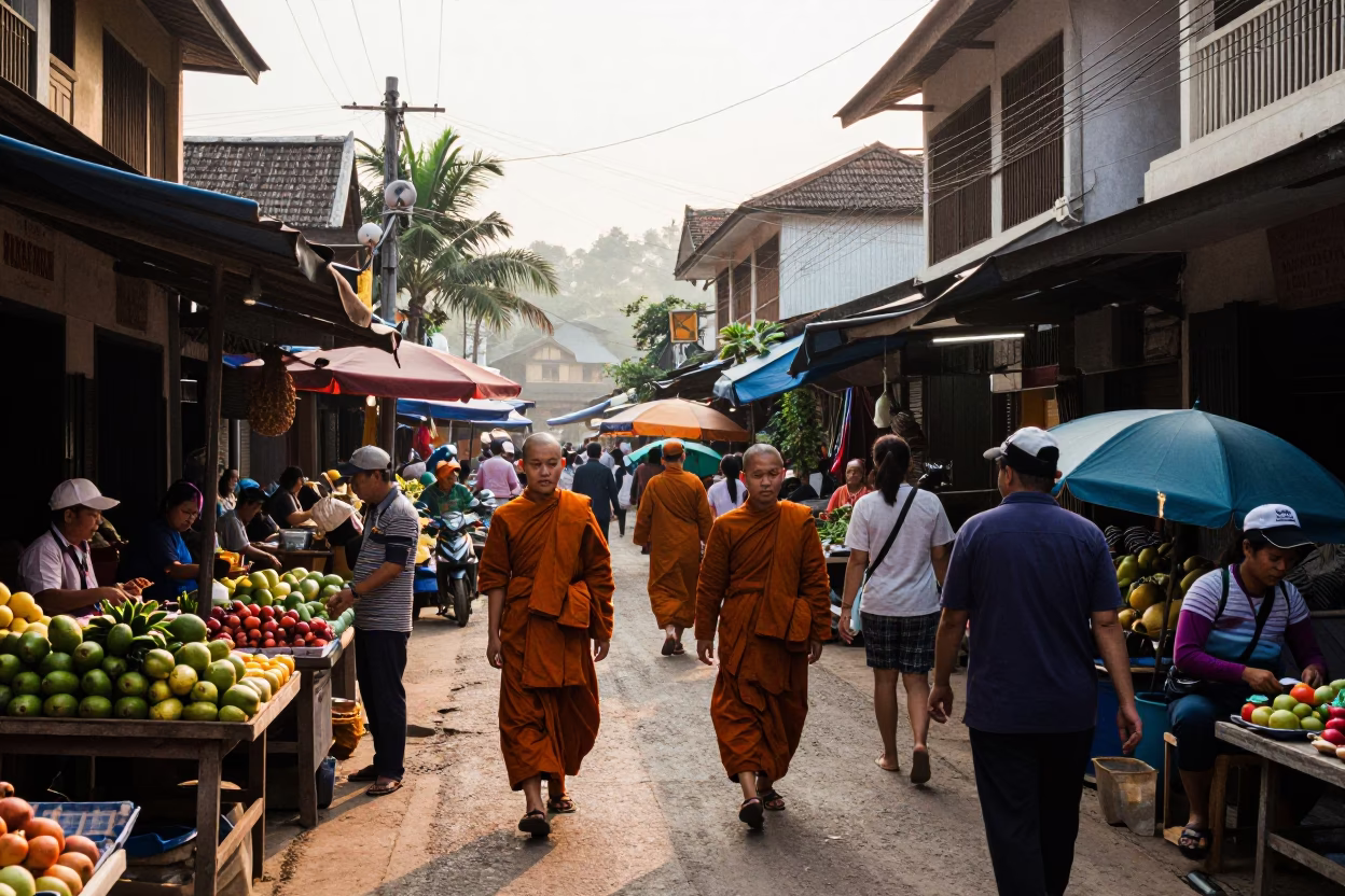 Busy Luang Prabang Morning Market Street Scene with Monks and Local Vendors After Sunrise in in Luang Prabang, Laos