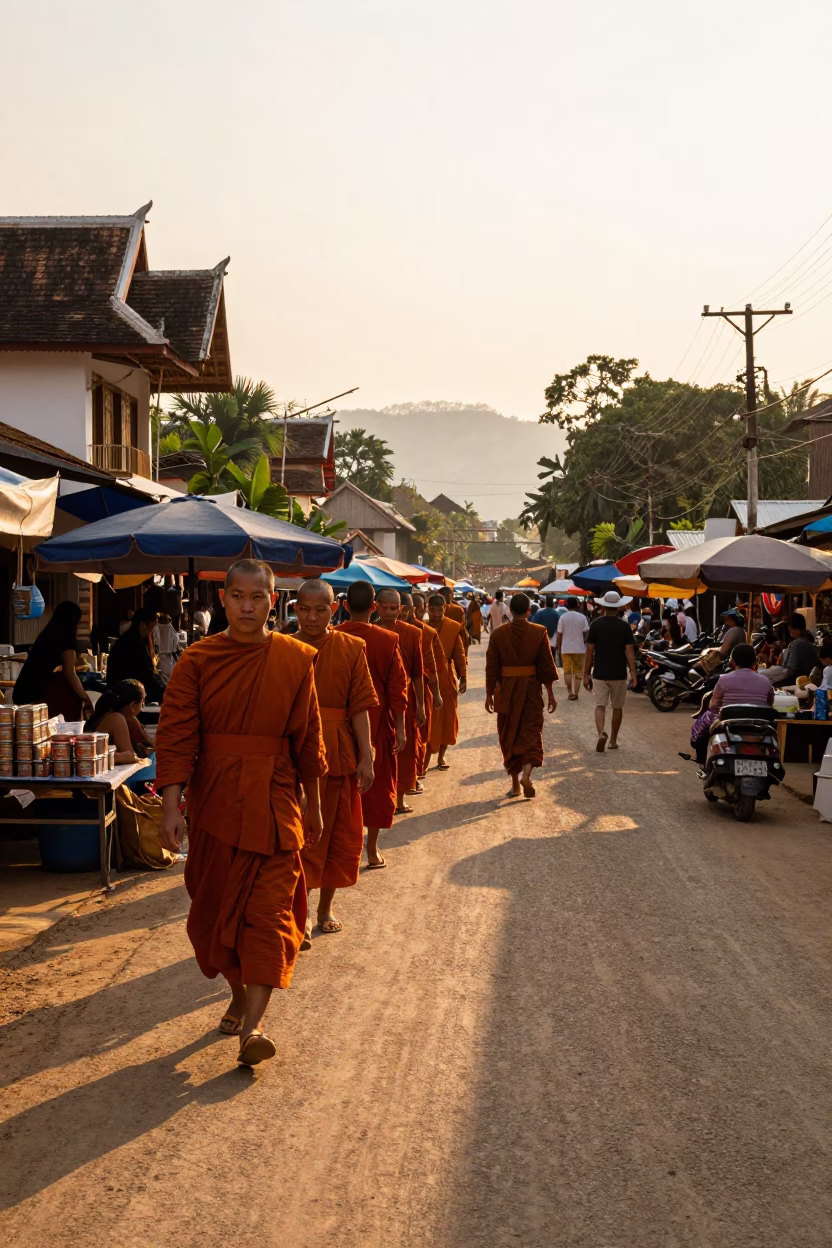 Busy Luang Prabang Street Market at Golden Hour with Monks and Coffee Tin in in Luang Prabang, Laos