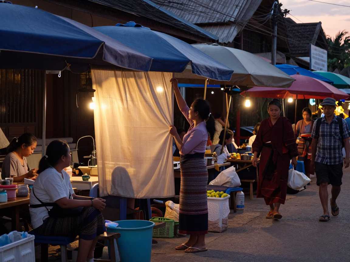 Busy Luang Prabang Street Market at Nautical Dawn with Monks and Morning Food in in Luang Prabang, Laos