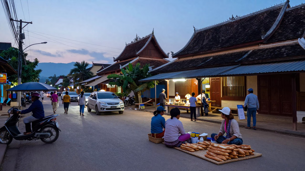 Busy Luang Prabang Street Morning at Nautical Dawn with Local Vendors and Monks in in Luang Prabang, Laos