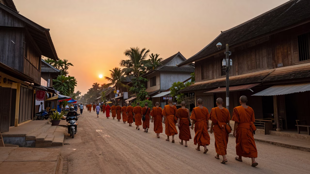 Busy Luang Prabang Street Scene at Dusk with Monks and Local Life in in Luang Prabang, Laos
