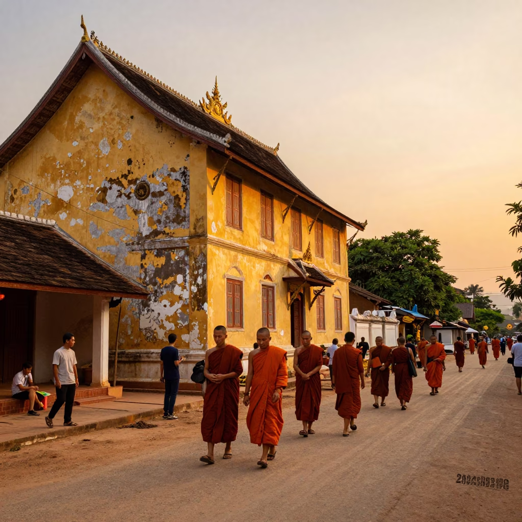 Busy Luang Prabang street scene at sunset with monks and clay pots in in Luang Prabang, Laos