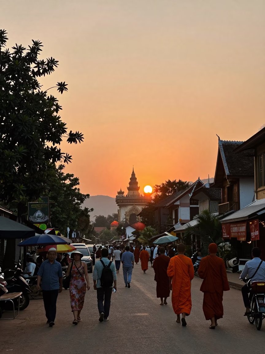 Busy Luang Prabang Street Scene at Sunset with Monks and Local Life in in Luang Prabang, Laos