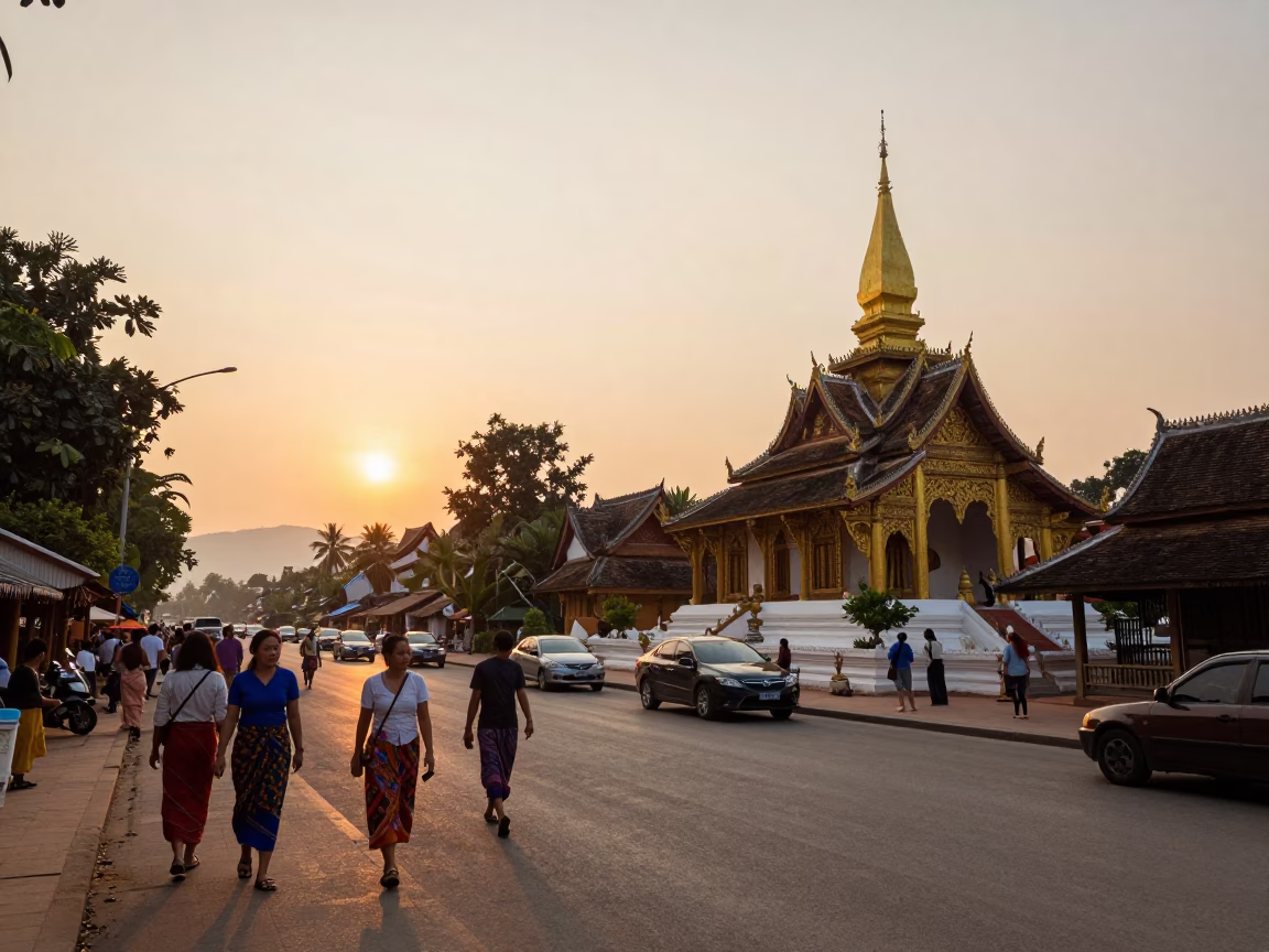 Busy Luang Prabang Street Scene at Sunset with Travelers and Traditional Architecture in in Luang Prabang, Laos
