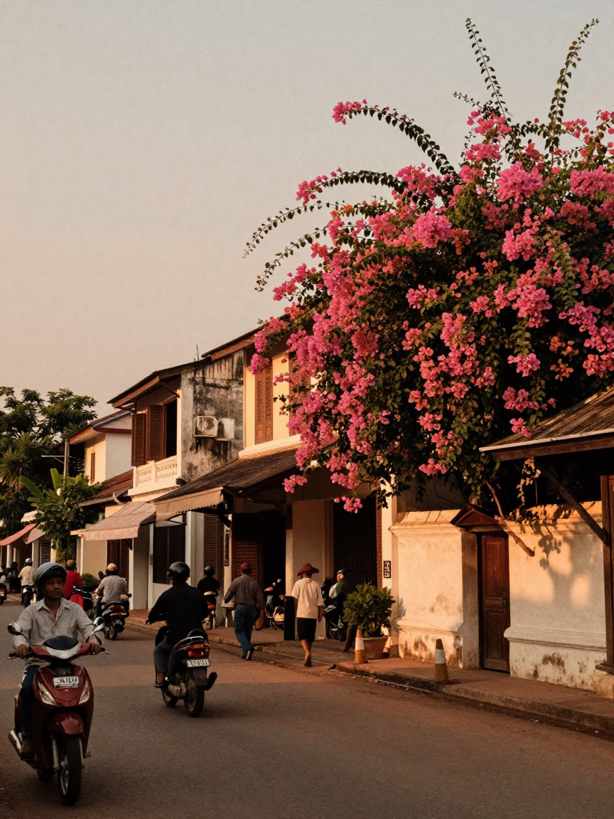 Busy Luang Prabang Street Scene Before Dusk with Bougainvillea and Local Life in in Luang Prabang, Laos