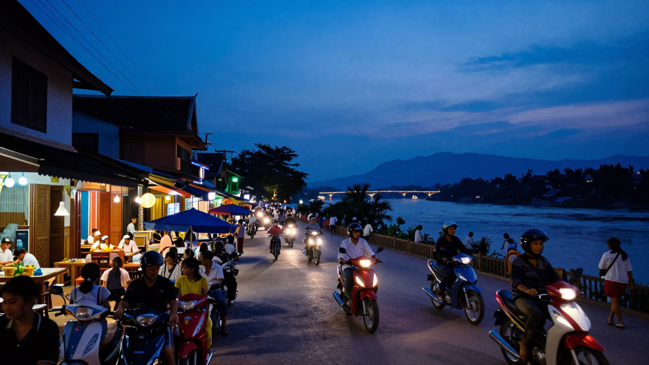 Busy Luang Prabang Street Scene in Indigo Twilight with Local Market Activity in in Luang Prabang, Laos