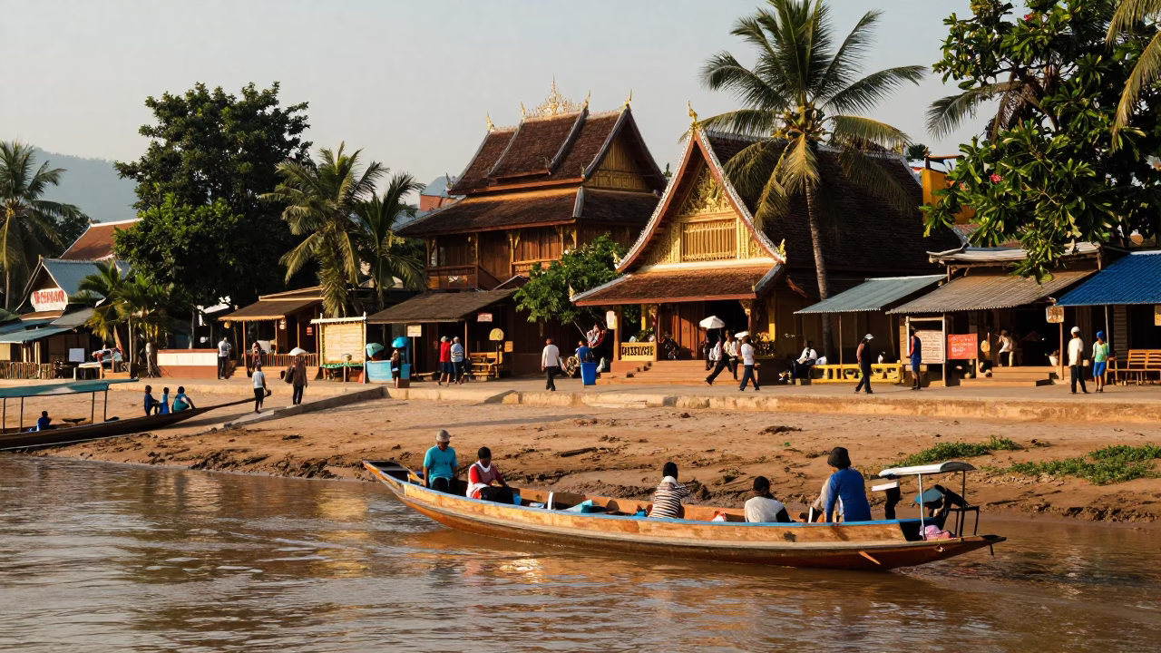 Busy Luang Prabang Street Scene Late Afternoon with Sampan on Mekong River in in Luang Prabang, Laos