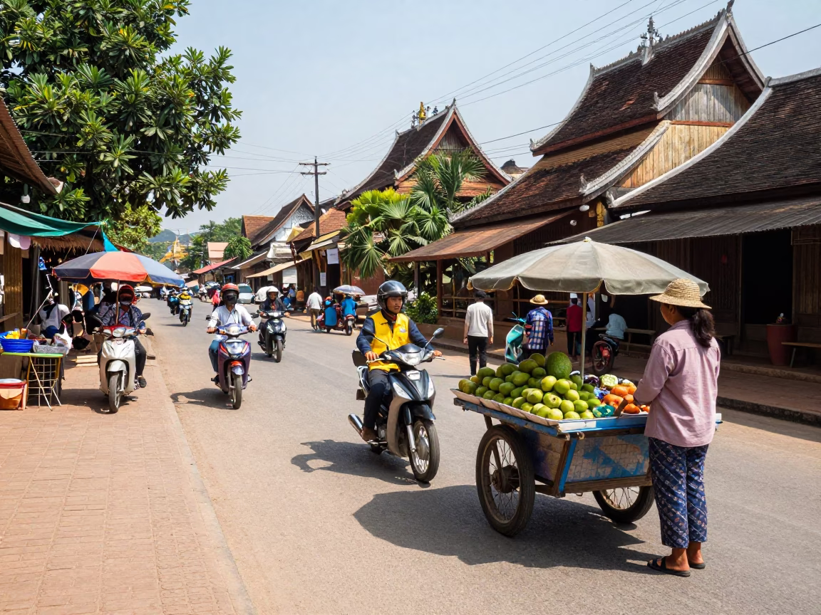 Busy Luang Prabang street scene midday with local vendors and tourists in Laos in in Luang Prabang, Laos